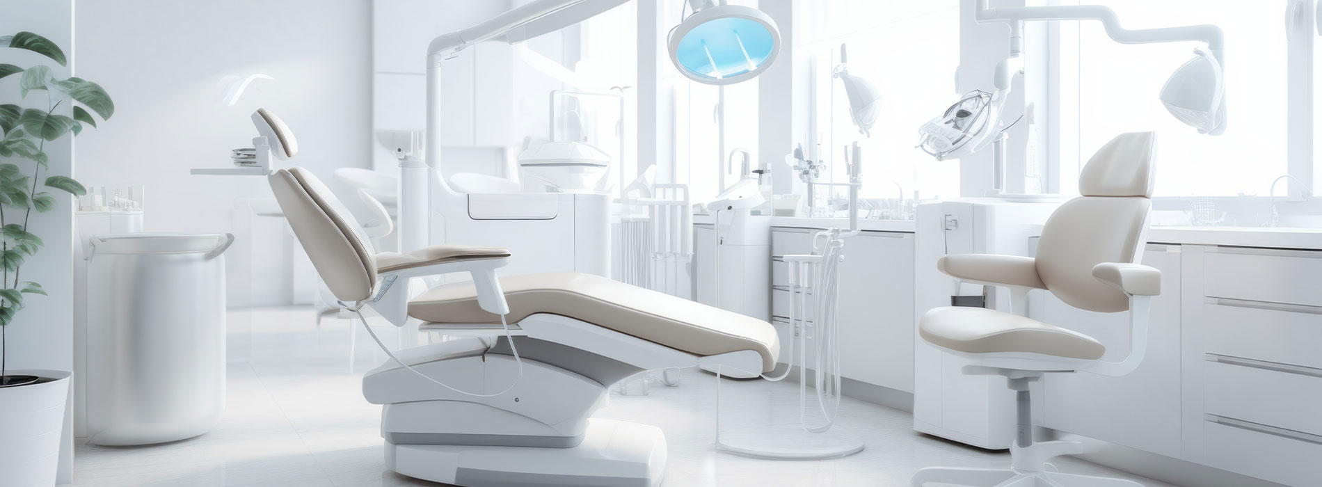 A modern dental office with a clean and sterile environment, featuring state-of-the-art equipment and seating.