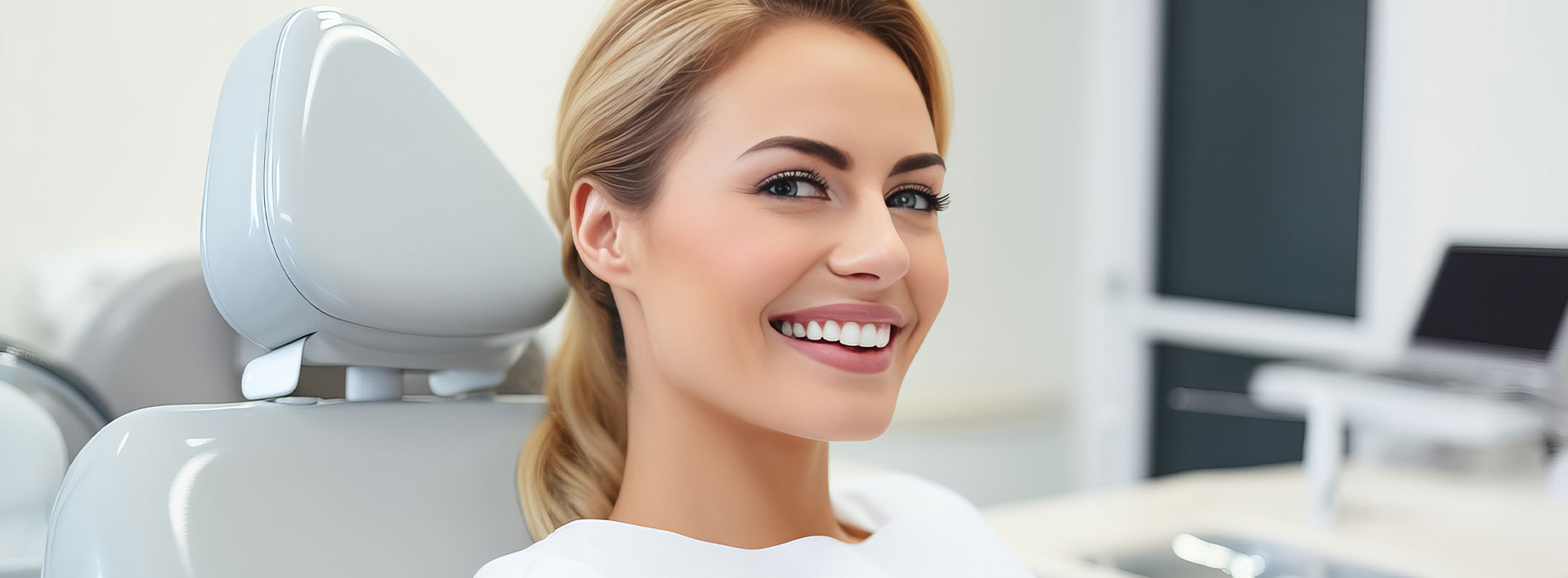 Woman in white dental chair, smiling at camera.