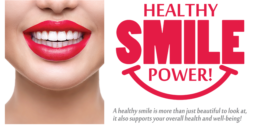 The image is a promotional graphic for a business named  Healthy Smile Power.  It features a close-up of a person s face with bright red lipstick, and the text on the image includes the name of the business and a slogan.