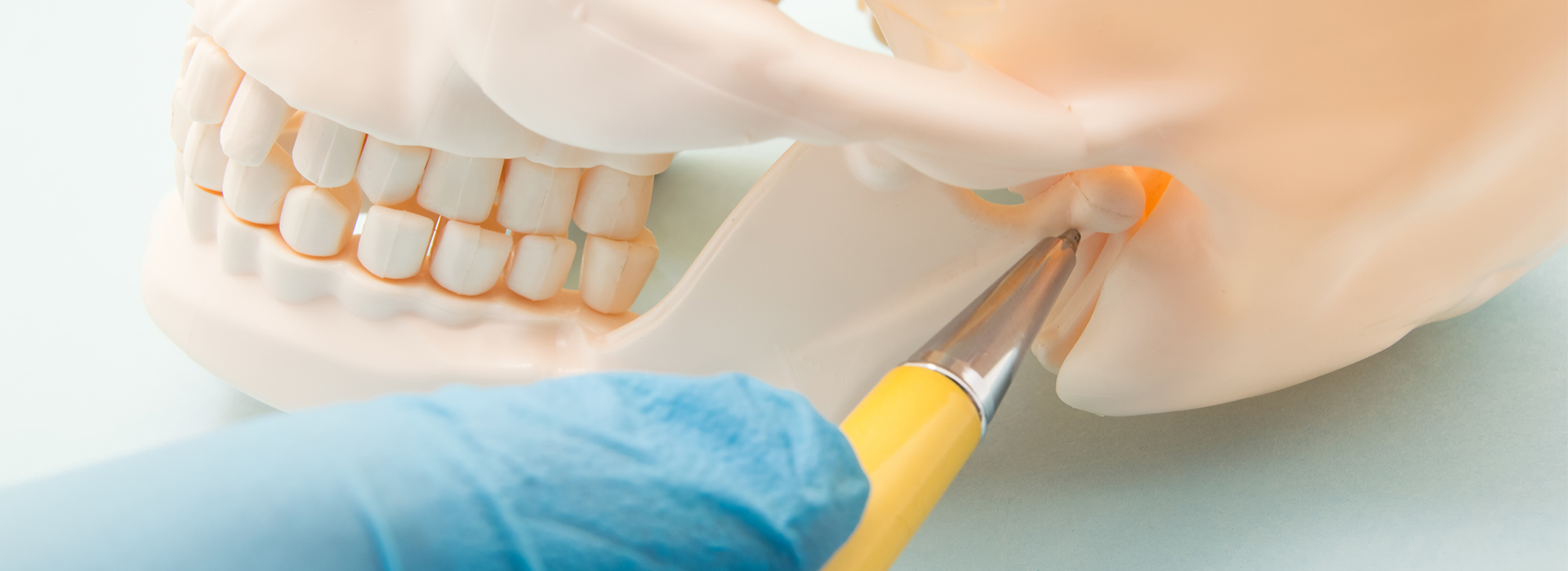 The image shows a plastic human skull with an open mouth, being worked on by a dental professional using a drill and other tools. A yellow object is placed in the jaw area of the skull.