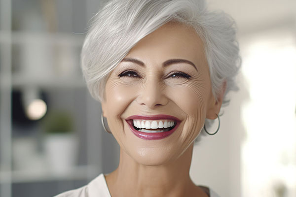 A smiling woman with short hair, wearing a white top, against a blurred background.